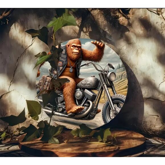 Metal Sasquash on a Motorcycle Round Sign for home, gift, or garage - Picture 4 of 4